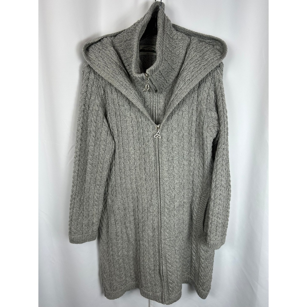 Aran Crafts Hooded Zip Coat Grey Merino Wool Cable Knit Longline Sweater Medium